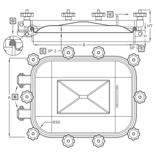 Stainless steel rectangular manway A363R (400x530) - drawing