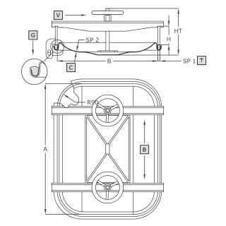 Stainless steel rectangular manway A364 (530x400) - drawing