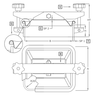 Stainless steel rectangular manway A651L (225x175) - drawing