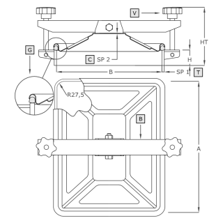 Stainless steel rectangular manway A653 (360x275) - drawing