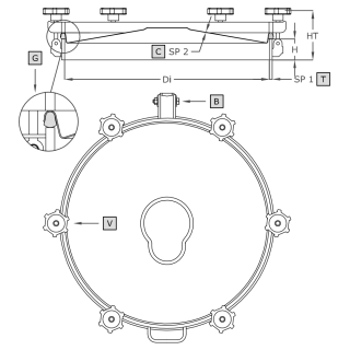 Stainless steel round manway A520 (DN200-DN600) - drawing